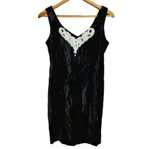 Vintage Women Velvet Mini Dress Beaded Embellished Sleeveless Black 9 Whimsigoth